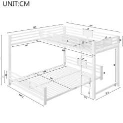 Lit superposé en métal en forme de L - 90x200cm + 140x200 cm - Barrières de sécurité et échelle - Métal - Blanc (sans matelas)