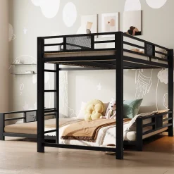 Lit superposé en métal en forme de L - 90x200cm + 140x200 cm - Barrières de sécurité et échelle - Métal - Noir (sans matelas)