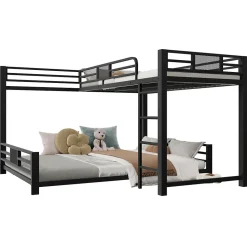 Lit superposé en métal en forme de L - 90x200cm + 140x200 cm - Barrières de sécurité et échelle - Métal - Noir (sans matelas)