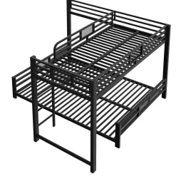 Lit superposé en métal en forme de L - 90x200cm + 140x200 cm - Barrières de sécurité et échelle - Métal - Noir (sans matelas)