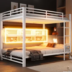 Lit superposé en métal 140x200 cm - Avec placards de rangement et LED - 6 compartiments de rangement - Blanc (sans matelas)