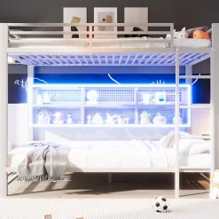 Lit superposé en métal 140x200 cm - Avec placards de rangement et LED - 6 compartiments de rangement - Blanc (sans matelas)