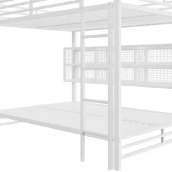 Lit superposé en métal 140x200 cm - Avec placards de rangement et LED - 6 compartiments de rangement - Blanc (sans matelas)