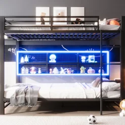 Lit superposé en métal 140x200 cm - Avec placards de rangement et LED - 6 compartiments de rangement - Moir (sans matelas)