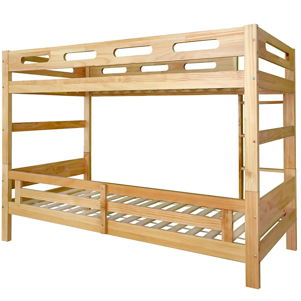 Lit superposé enfant, 2 lits simples, cadre pin massif, montage facile, naturel, 90x200 cm