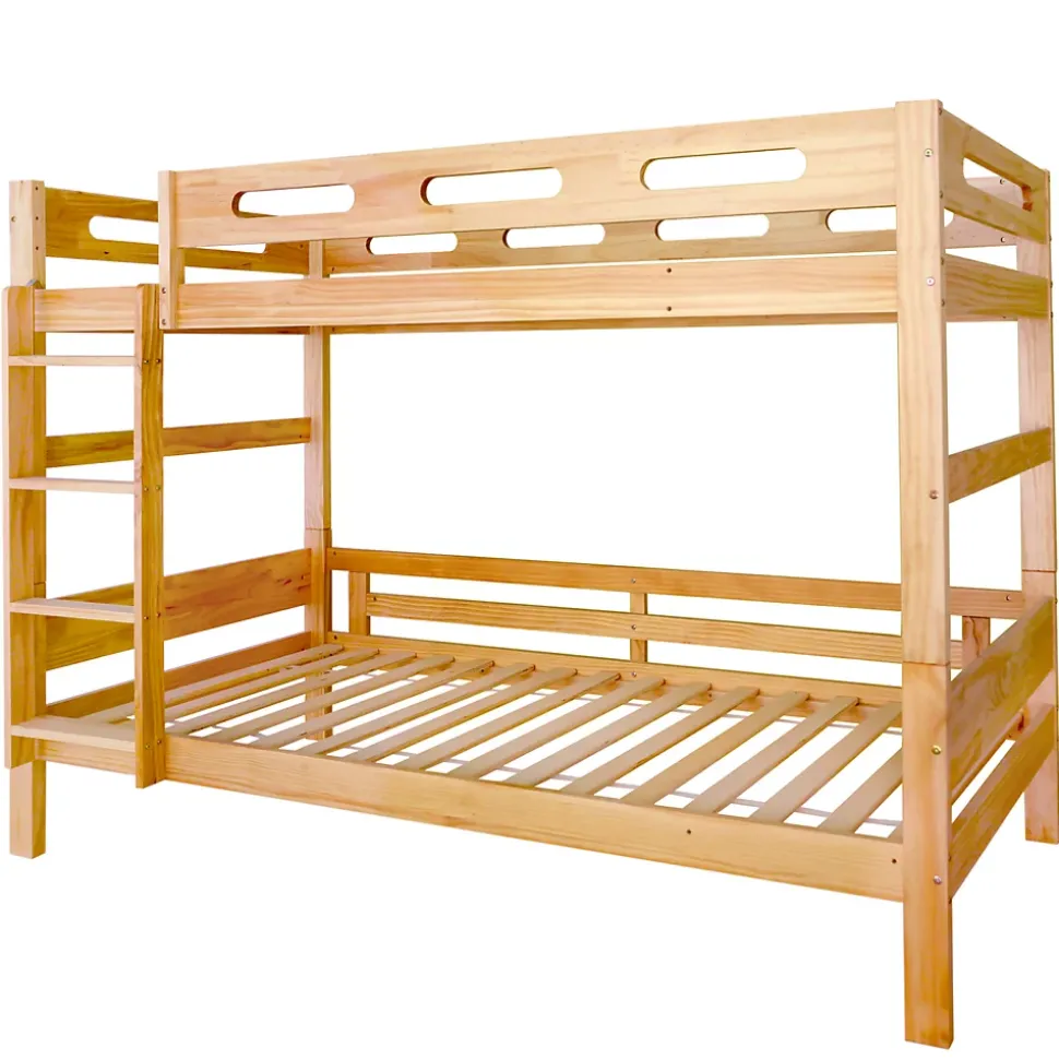 Lit superposé enfant, 2 lits simples, cadre pin massif, montage facile, naturel, 90x200 cm