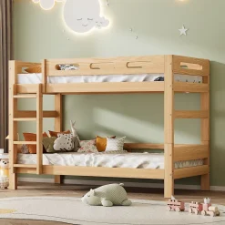 Lit superposé enfant, 2 lits simples, cadre pin massif, montage facile, naturel, 90x200 cm