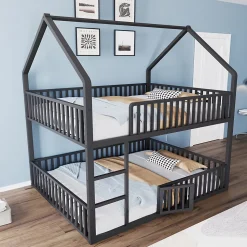 Lit superposé enfant 140 par 200 métal lit double familial mezzanine avec échelle porte ouvrante lit inférieur noir
