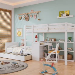 Lit superposé enfant, échelle à 3 marches, 2 tiroirs, bureau, garde-corps, lattes solides, MDF pin, blanc, 90x200cm
