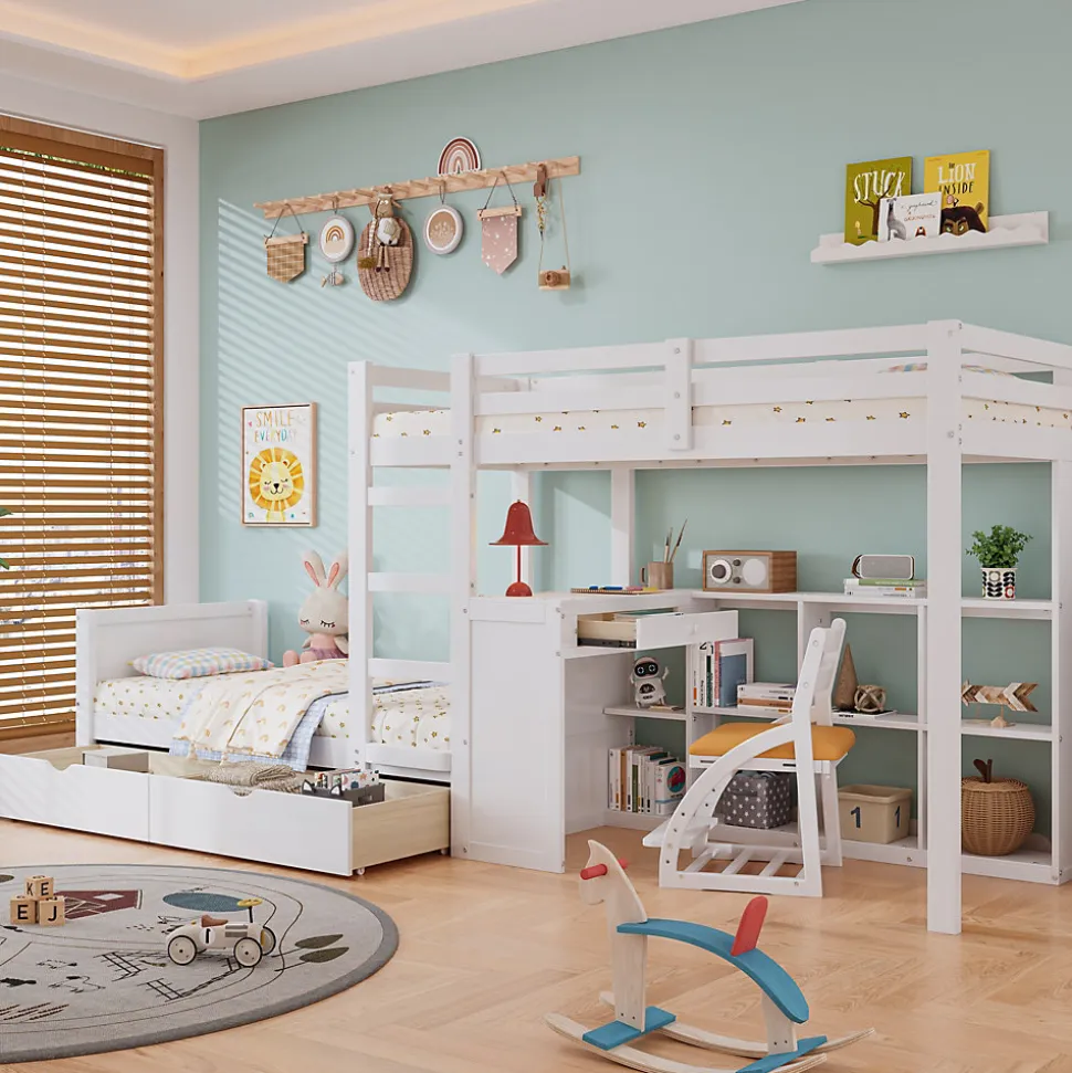 Lit superposé enfant, échelle à 3 marches, 2 tiroirs, bureau, garde-corps, lattes solides, MDF pin, blanc, 90x200cm