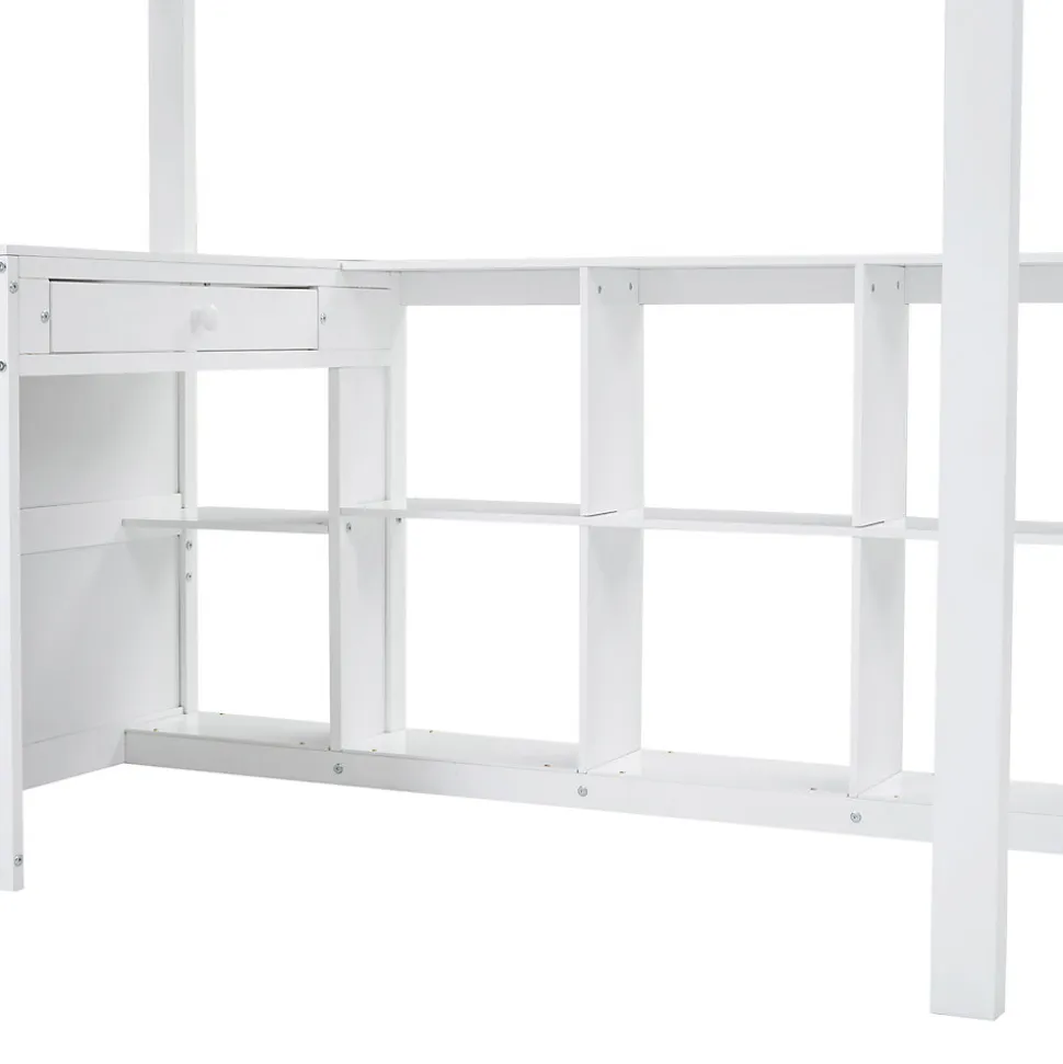 Lit superposé enfant, échelle à 3 marches, 2 tiroirs, bureau, garde-corps, lattes solides, MDF pin, blanc, 90x200cm