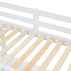 Lit superposé enfant, échelle à 3 marches, 2 tiroirs, bureau, garde-corps, lattes solides, MDF pin, blanc, 90x200cm