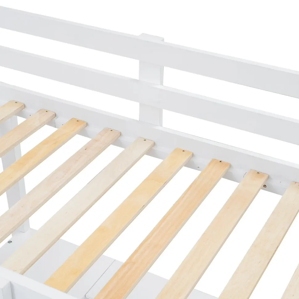 Lit superposé enfant, échelle à 3 marches, 2 tiroirs, bureau, garde-corps, lattes solides, MDF pin, blanc, 90x200cm