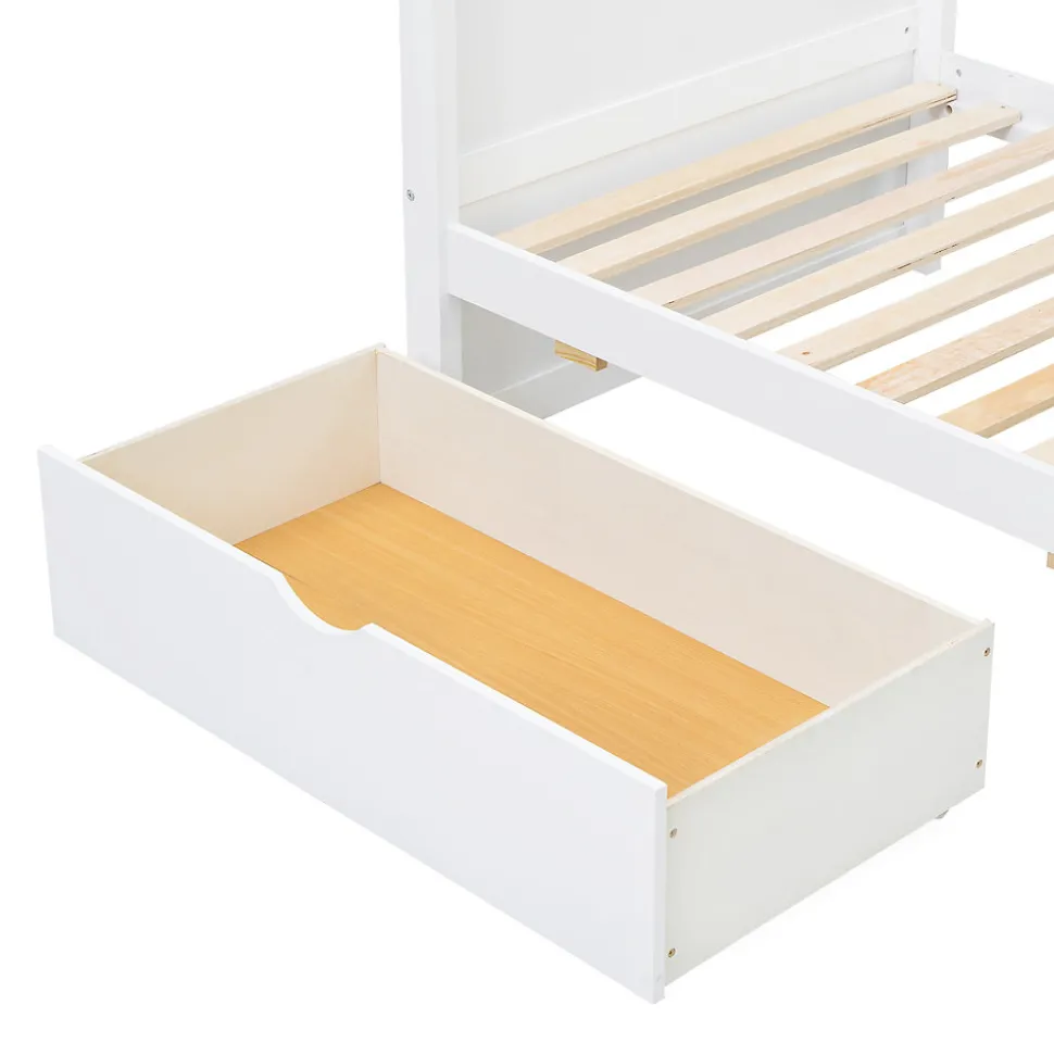 Lit superposé enfant, échelle à 3 marches, 2 tiroirs, bureau, garde-corps, lattes solides, MDF pin, blanc, 90x200cm