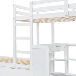 Lit superposé enfant, échelle à 3 marches, 2 tiroirs, bureau, garde-corps, lattes solides, MDF pin, blanc, 90x200cm