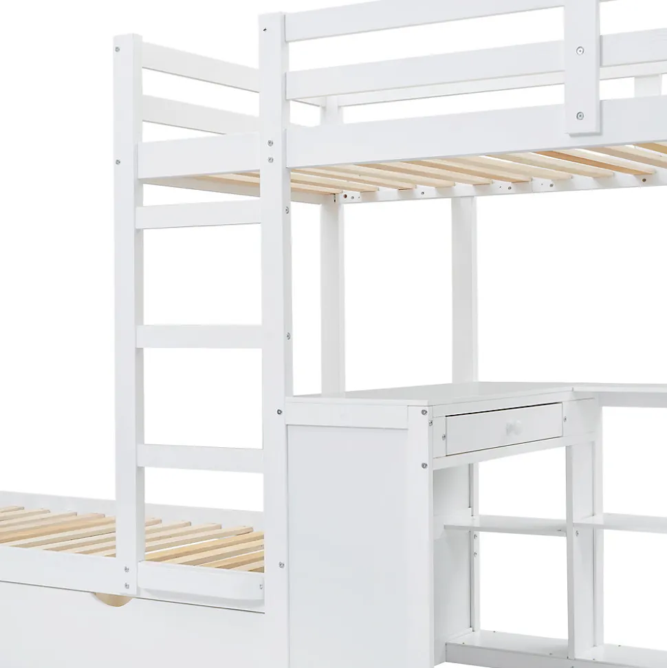 Lit superposé enfant, échelle à 3 marches, 2 tiroirs, bureau, garde-corps, lattes solides, MDF pin, blanc, 90x200cm