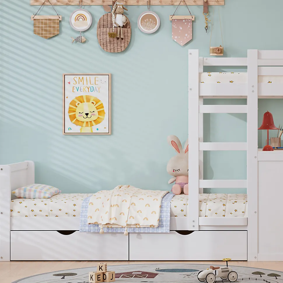 Lit superposé enfant, échelle à 3 marches, 2 tiroirs, bureau, garde-corps, lattes solides, MDF pin, blanc, 90x200cm