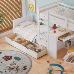 Lit superposé enfant, échelle à 3 marches, 2 tiroirs, bureau, garde-corps, lattes solides, MDF pin, blanc, 90x200cm