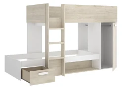 Lit superposé enfant coloris chêne naturel, blanc, imitation lamelles, couchage 90 x190 cm