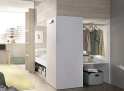 Lit superposé enfant coloris chêne naturel, blanc, imitation lamelles, couchage 90 x190 cm