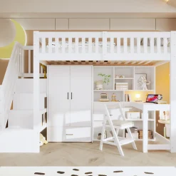 Lit Superposé Enfant 90x200 cm - avec Escalier de Rangement et Bureau Intégré, Armoire et Tiroirs - Bois/MDF/Contreplaqué Blanc