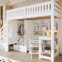 Lit Superposé Enfant 90x200 cm - avec Escalier de Rangement et Bureau Intégré, Armoire et Tiroirs - Bois/MDF/Contreplaqué Blanc