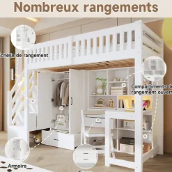 Lit Superposé Enfant 90x200 cm - avec Escalier de Rangement et Bureau Intégré, Armoire et Tiroirs - Bois/MDF/Contreplaqué Blanc