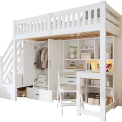 Lit Superposé Enfant 90x200 cm - avec Escalier de Rangement et Bureau Intégré, Armoire et Tiroirs - Bois/MDF/Contreplaqué Blanc