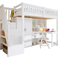 Lit Superposé Enfant 90x200 cm - avec Escalier de Rangement et Bureau Intégré, Armoire et Tiroirs - Bois/MDF/Contreplaqué Blanc