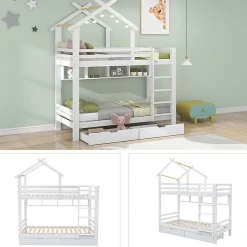 Lit Superposé enfant 90x200 cm - Lit avec 2 Tiroirs et 4 Niches de Rangement - Structure en Bois Pin et MDF - Blanc, Sans Matelas