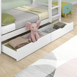 Lit Superposé enfant 90x200 cm - Lit avec 2 Tiroirs et 4 Niches de Rangement - Structure en Bois Pin et MDF - Blanc, Sans Matelas
