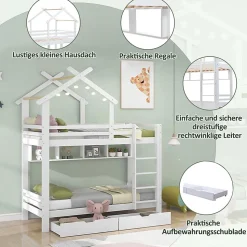 Lit Superposé enfant 90x200 cm - Lit avec 2 Tiroirs et 4 Niches de Rangement - Structure en Bois Pin et MDF - Blanc, Sans Matelas
