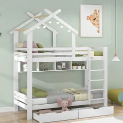 Lit Superposé enfant 90x200 cm - Lit avec 2 Tiroirs et 4 Niches de Rangement - Structure en Bois Pin et MDF - Blanc, Sans Matelas