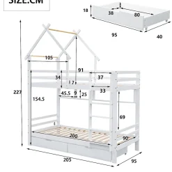 Lit Superposé enfant 90x200 cm - Lit avec 2 Tiroirs et 4 Niches de Rangement - Structure en Bois Pin et MDF - Blanc, Sans Matelas