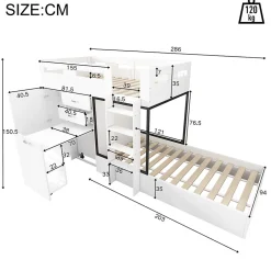 Lit Superposé enfant 90x200 cm - Lit avec Bureau Escamotable et Armoire - MDF et Panneaux Stratifiés - Sans Matelas - Blanc