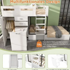 Lit Superposé enfant 90x200 cm - Lit avec Bureau Escamotable et Armoire - MDF et Panneaux Stratifiés - Sans Matelas - Blanc