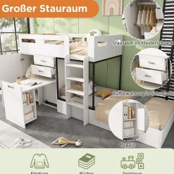 Lit Superposé enfant 90x200 cm - Lit avec Bureau Escamotable et Armoire - MDF et Panneaux Stratifiés - Sans Matelas - Blanc