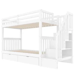 Lit superposé enfant 90x200 cm blanc avec étagère escalier, 2 tiroirs, barrières hautes, certifié EN747-1, sûr et pratique