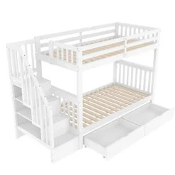Lit superposé enfant 90x200 cm blanc avec étagère escalier, 2 tiroirs, barrières hautes, certifié EN747-1, sûr et pratique