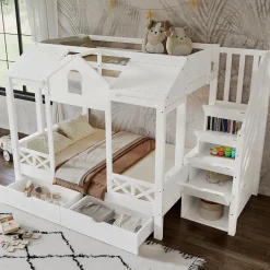 Lit Superposé Enfant 90/140x200 cm, 2 Tiroirs à Roulettes, Escalier, 4 Cases de Rangement, Fenêtres et Toit, Sans Matelas, Blanc