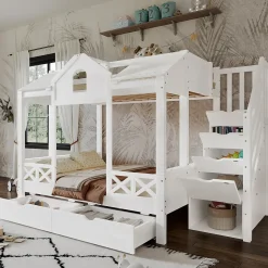 Lit Superposé Enfant 90/140x200 cm, 2 Tiroirs à Roulettes, Escalier, 4 Cases de Rangement, Fenêtres et Toit, Sans Matelas, Blanc