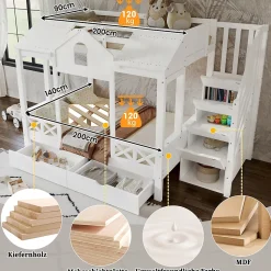 Lit Superposé Enfant 90/140x200 cm, 2 Tiroirs à Roulettes, Escalier, 4 Cases de Rangement, Fenêtres et Toit, Sans Matelas, Blanc