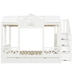 Lit Superposé Enfant 90/140x200 cm, 2 Tiroirs à Roulettes, Escalier, 4 Cases de Rangement, Fenêtres et Toit, Sans Matelas, Blanc