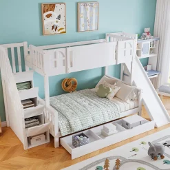 Lit Superposé enfant 90x200 cm avec Toboggan et Escalier, Cabane Blanc avec Casiers de Rangement, Pin et MDF, Sans Matelas - Blanc