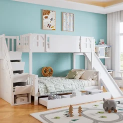 Lit Superposé enfant 90x200 cm avec Toboggan et Escalier, Cabane Blanc avec Casiers de Rangement, Pin et MDF, Sans Matelas - Blanc