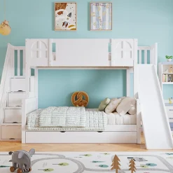 Lit Superposé enfant 90x200 cm avec Toboggan et Escalier, Cabane Blanc avec Casiers de Rangement, Pin et MDF, Sans Matelas - Blanc