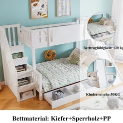 Lit Superposé enfant 90x200 cm avec Toboggan et Escalier, Cabane Blanc avec Casiers de Rangement, Pin et MDF, Sans Matelas - Blanc