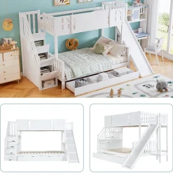 Lit Superposé enfant 90x200 cm avec Toboggan et Escalier, Cabane Blanc avec Casiers de Rangement, Pin et MDF, Sans Matelas - Blanc
