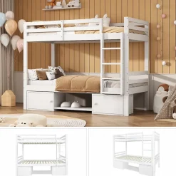 Lit superposé enfant 90x200 cm blanc avec casiers et étagères à chaussures, convertible en 2 lits simples