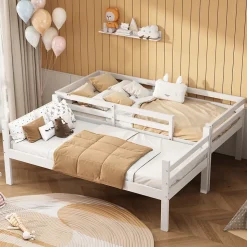Lit superposé enfant 90x200 cm blanc avec casiers et étagères à chaussures, convertible en 2 lits simples
